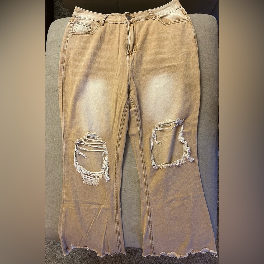 SHEIN Distressed Tan High Rise Jeans